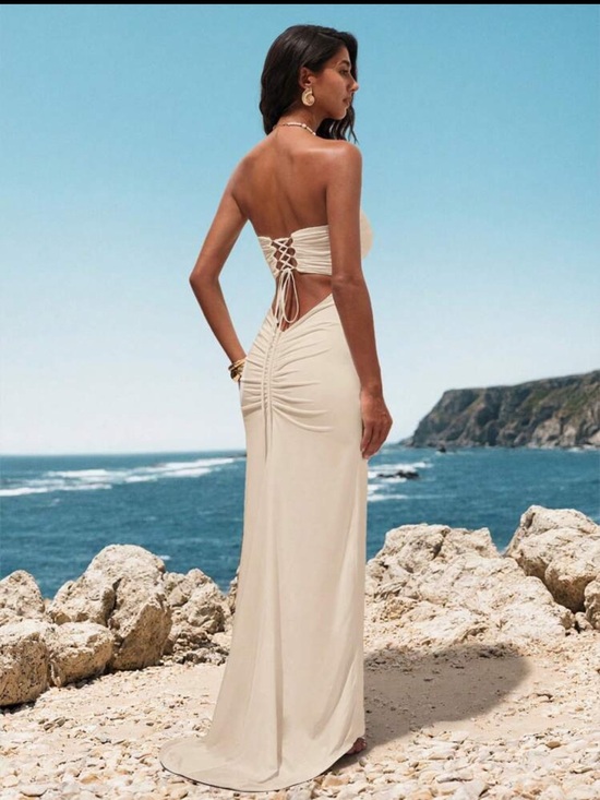 SHEIN Dresses & Skirts - SHEIN Strapless Lace-Up Back Cream Maxi Dress